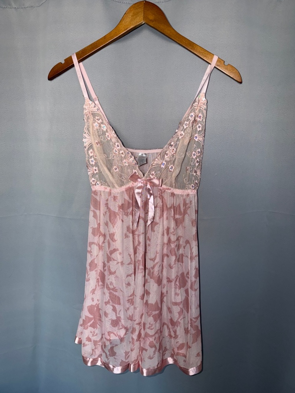 Feminine fairy Sheer Floral Lace-Trim Pink Chemise with Satin Bow Size XL